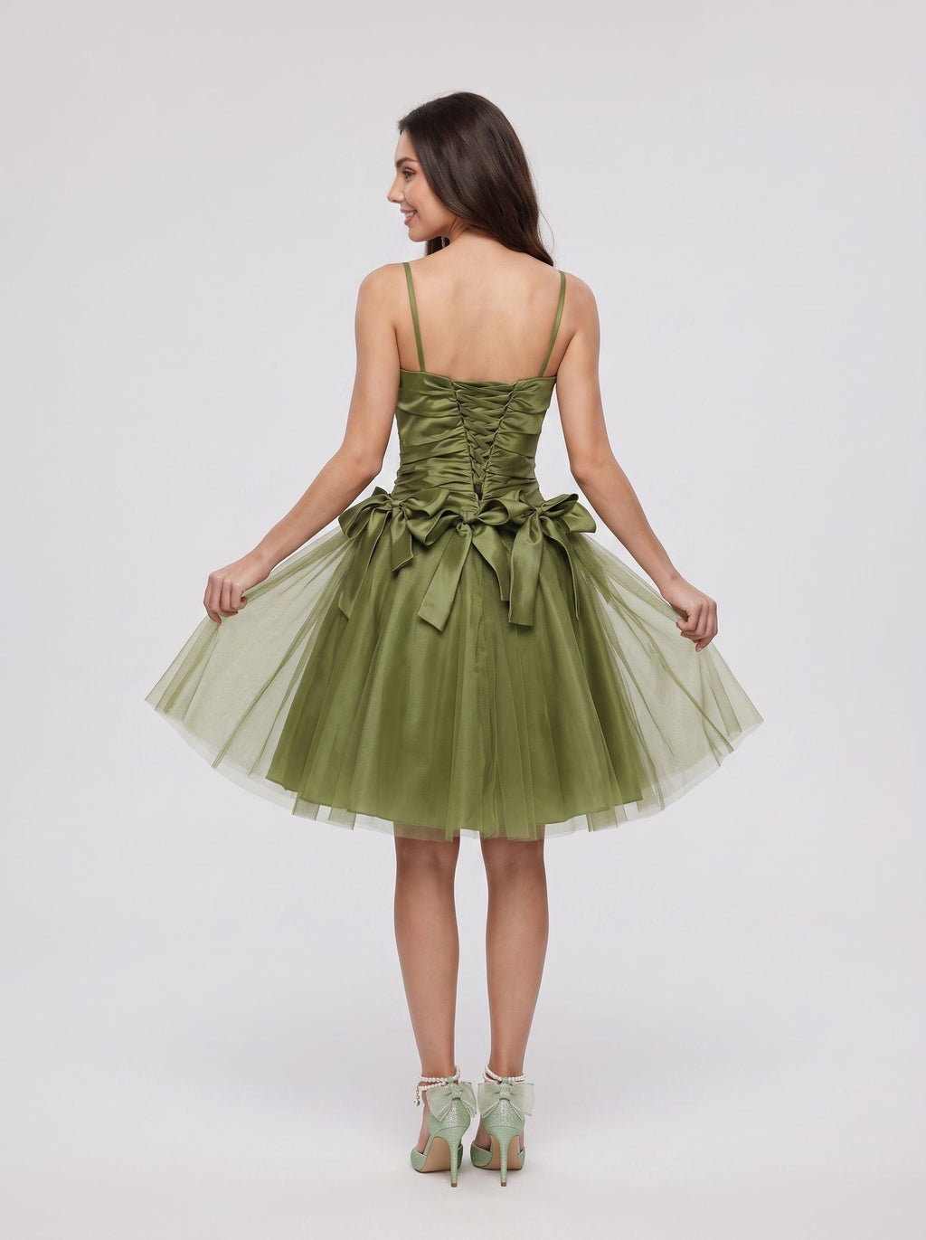 Olive Green Satin A-Line Sweetheart Lace-up Short Dress with Beading - Curvevia