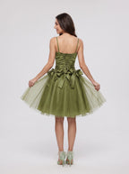 Olive Green Satin A-Line Sweetheart Lace-up Short Dress with Beading - Curvevia