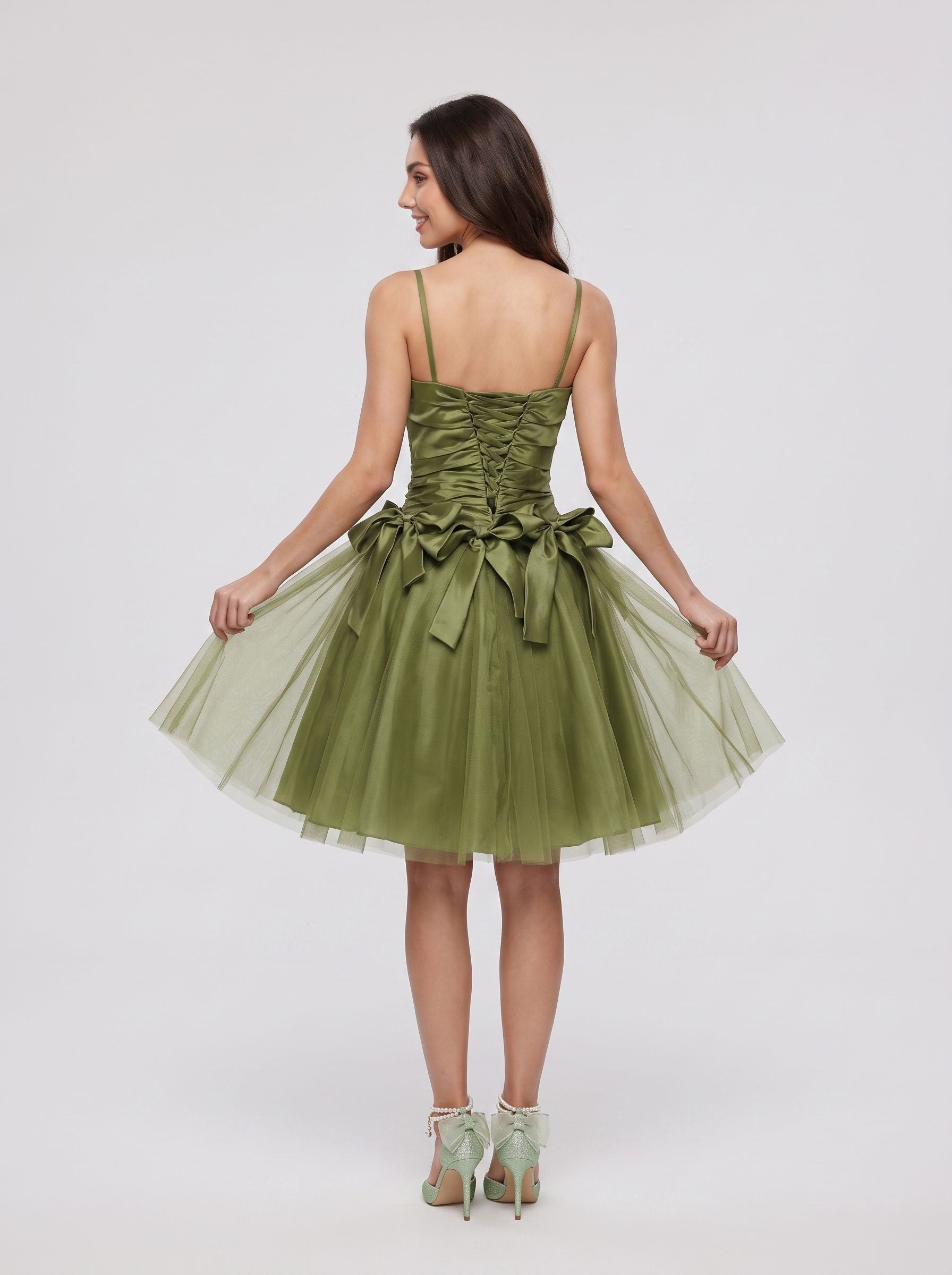 Olive Green Satin A-Line Sweetheart Lace-up Short Dress with Beading - Curvevia