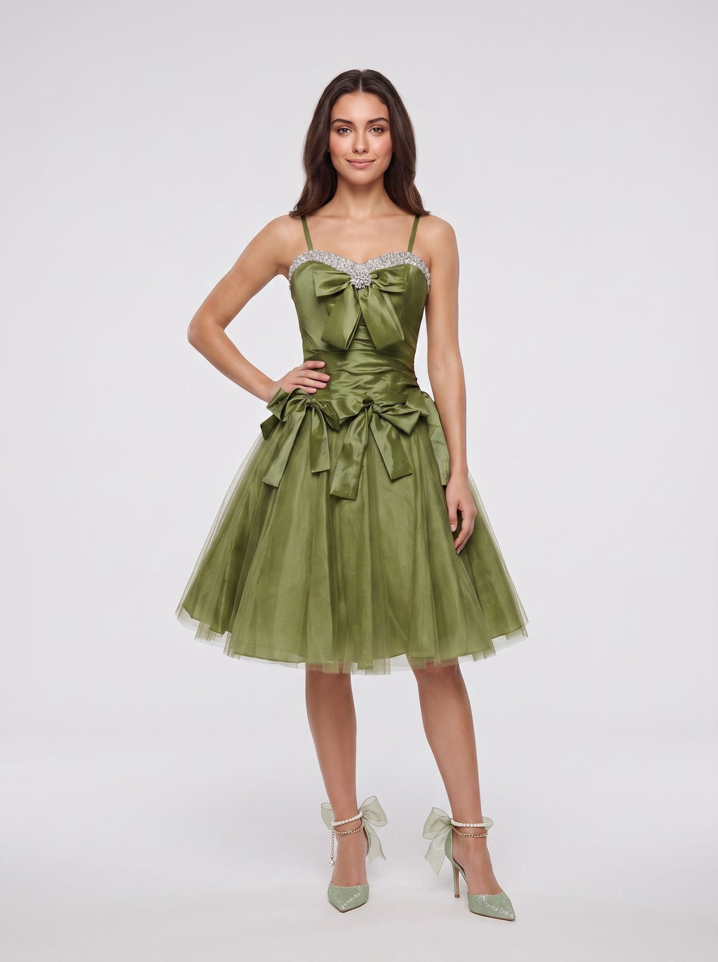 Olive Green Satin A-Line Sweetheart Lace-up Short Dress with Beading - Curvevia