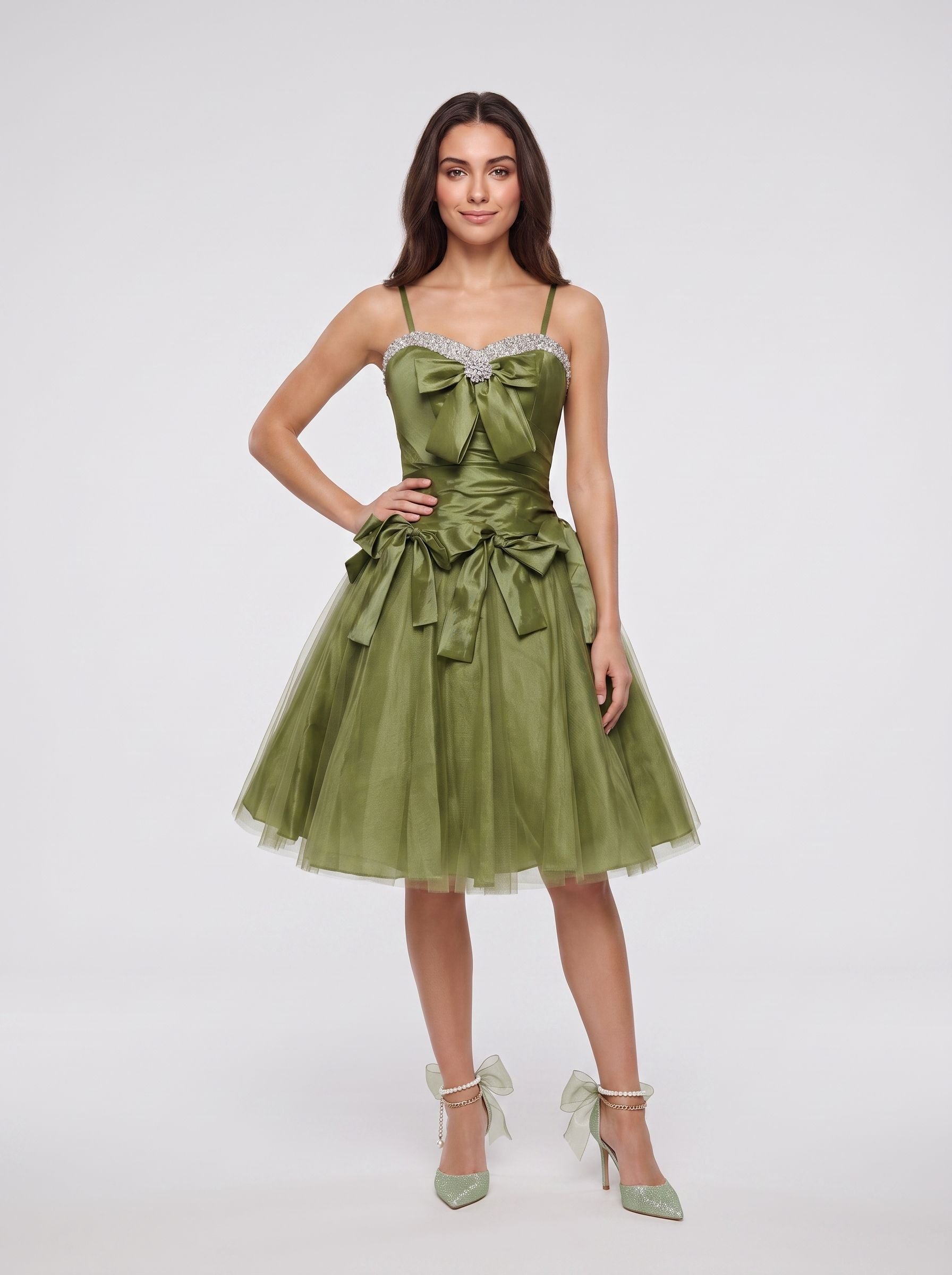 Olive Green Satin A-Line Sweetheart Lace-up Short Dress with Beading - Curvevia