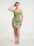 Sage Green Sequins Sheath Sweetheart Lace-up Short Dress with Appliques - Curvevia