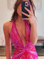 Fuchsia Halter Mermaid Beaded Evening Dress With Split - Curvevia