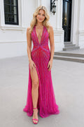 Fuchsia Halter Mermaid Beaded Evening Dress With Split - Curvevia