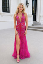 Fuchsia Halter Mermaid Beaded Evening Dress With Split - Curvevia