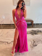 Fuchsia Halter Mermaid Beaded Evening Dress With Split - Curvevia