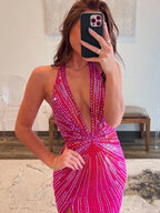 Fuchsia Halter Mermaid Beaded Evening Dress With Split - Curvevia