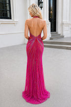 Fuchsia Halter Mermaid Beaded Evening Dress With Split - Curvevia