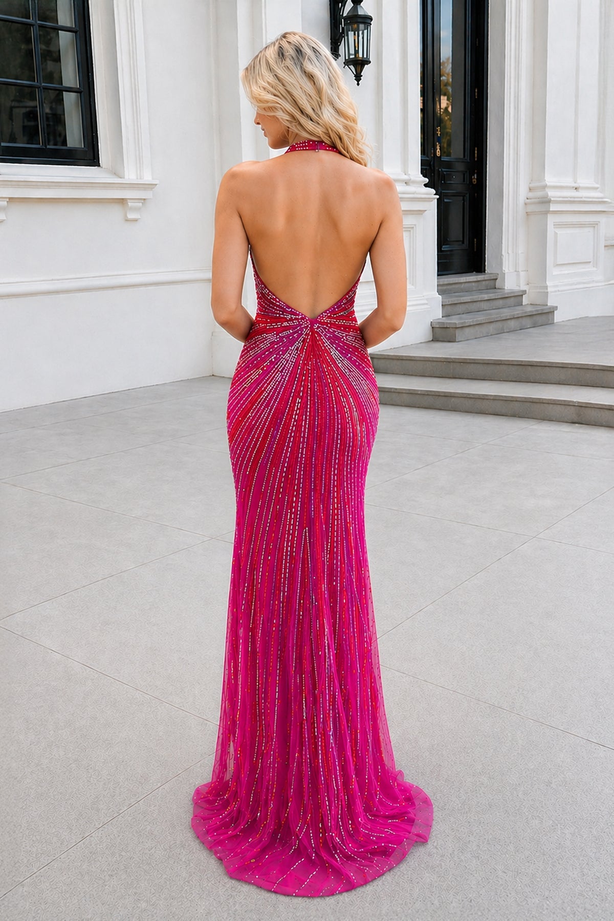 Fuchsia Halter Mermaid Beaded Evening Dress With Split - Curvevia
