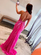 Fuchsia Halter Mermaid Beaded Evening Dress With Split - Curvevia