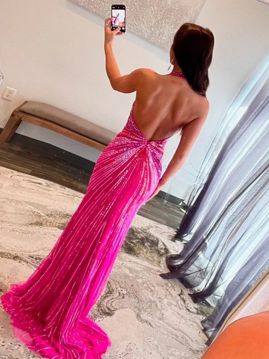 Fuchsia Halter Mermaid Beaded Evening Dress With Split - Curvevia