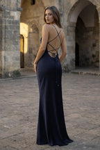 Yellow Spaghetti Straps Sheath Satin Lace Up Long Prom Dresses - Curvevia