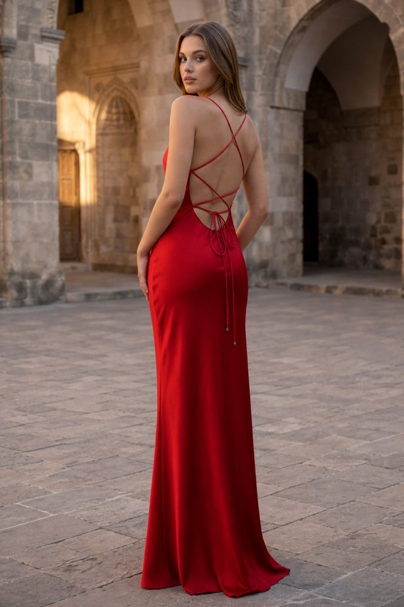 Yellow Spaghetti Straps Sheath Satin Lace Up Long Prom Dresses - Curvevia