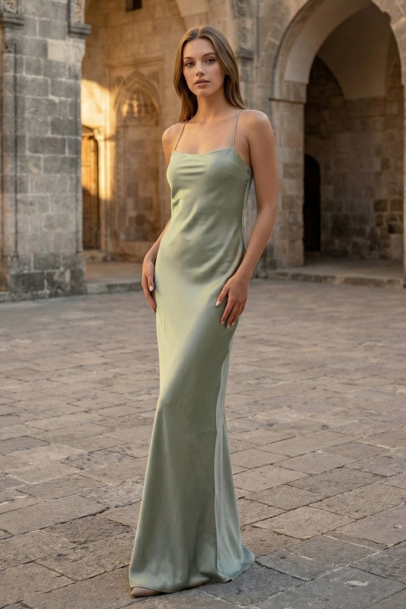 Yellow Spaghetti Straps Sheath Satin Lace Up Long Prom Dresses - Curvevia