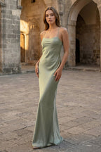 Yellow Spaghetti Straps Sheath Satin Lace Up Long Prom Dresses - Curvevia