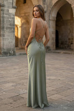 Yellow Spaghetti Straps Sheath Satin Lace Up Long Prom Dresses - Curvevia