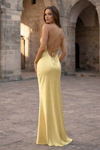 Yellow Spaghetti Straps Sheath Satin Lace Up Long Prom Dresses - Curvevia