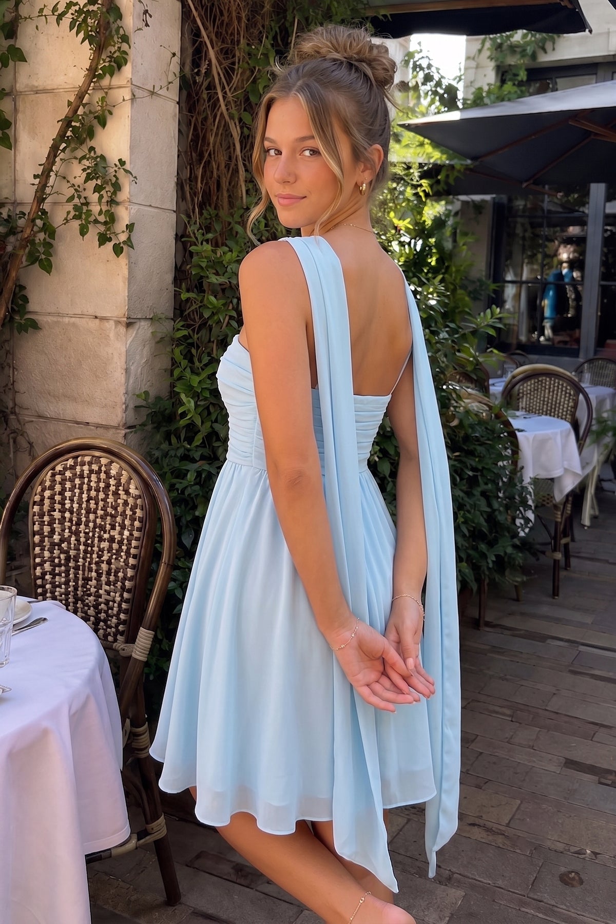Yellow A Line Strapless Chiffon Wedding Guest Dress With Scarf - Curvevia
