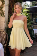 Yellow A Line Strapless Chiffon Wedding Guest Dress With Scarf - Curvevia