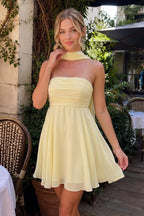 Yellow A Line Strapless Chiffon Wedding Guest Dress With Scarf - Curvevia