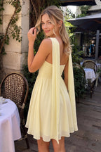 Yellow A Line Strapless Chiffon Wedding Guest Dress With Scarf - Curvevia