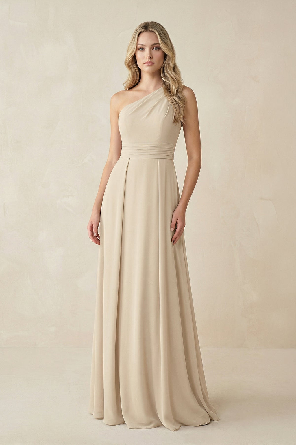 One-Shoulder A-Line Chiffon Bridesmaid Dress in Champagne - Curvevia