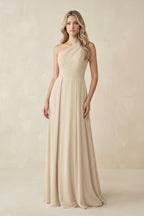 One-Shoulder A-Line Chiffon Bridesmaid Dress in Champagne - Curvevia