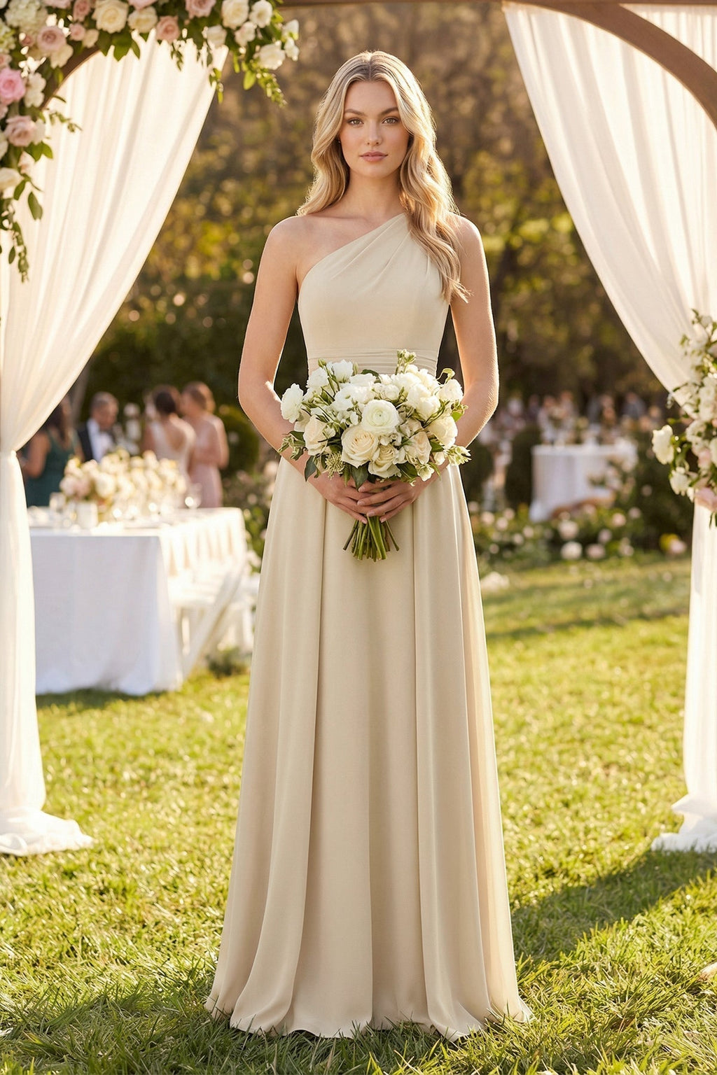 One-Shoulder A-Line Chiffon Bridesmaid Dress in Champagne - Curvevia