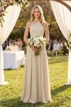 One-Shoulder A-Line Chiffon Bridesmaid Dress in Champagne - Curvevia