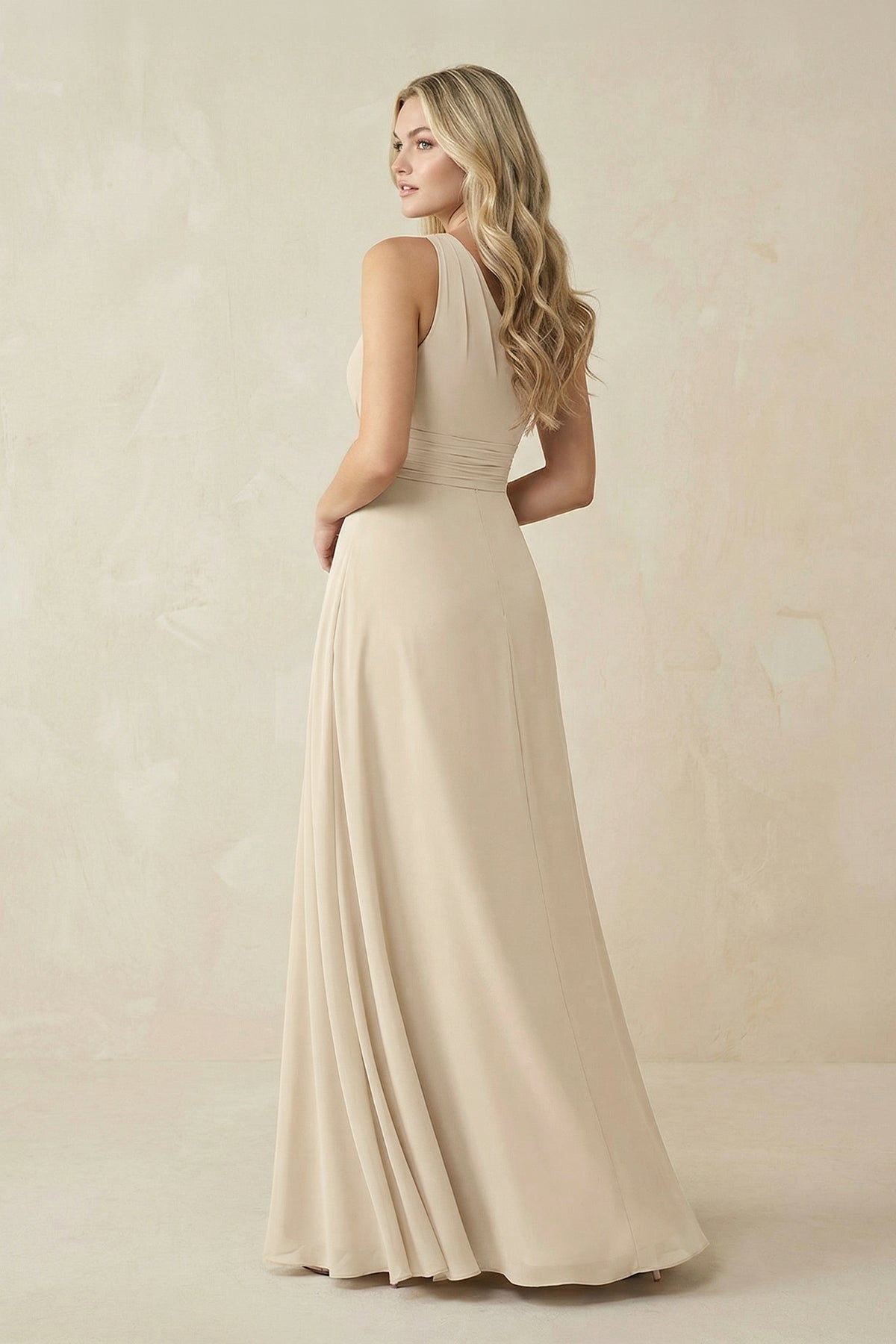 One-Shoulder A-Line Chiffon Bridesmaid Dress in Champagne - Curvevia