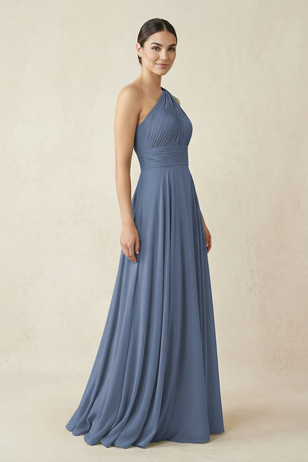 One-Shoulder A-Line Pleated Chiffon Bridesmaid Dress in Neptune - Curvevia