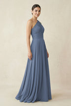 One-Shoulder A-Line Pleated Chiffon Bridesmaid Dress in Neptune - Curvevia