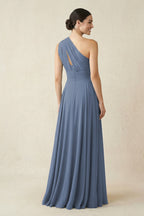 One-Shoulder A-Line Pleated Chiffon Bridesmaid Dress in Neptune - Curvevia