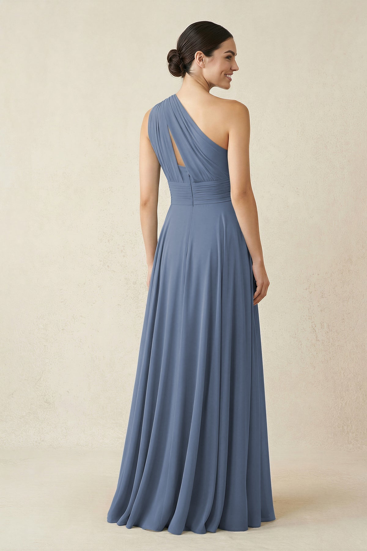 One-Shoulder A-Line Pleated Chiffon Bridesmaid Dress in Neptune - Curvevia