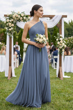One-Shoulder A-Line Pleated Chiffon Bridesmaid Dress in Neptune - Curvevia