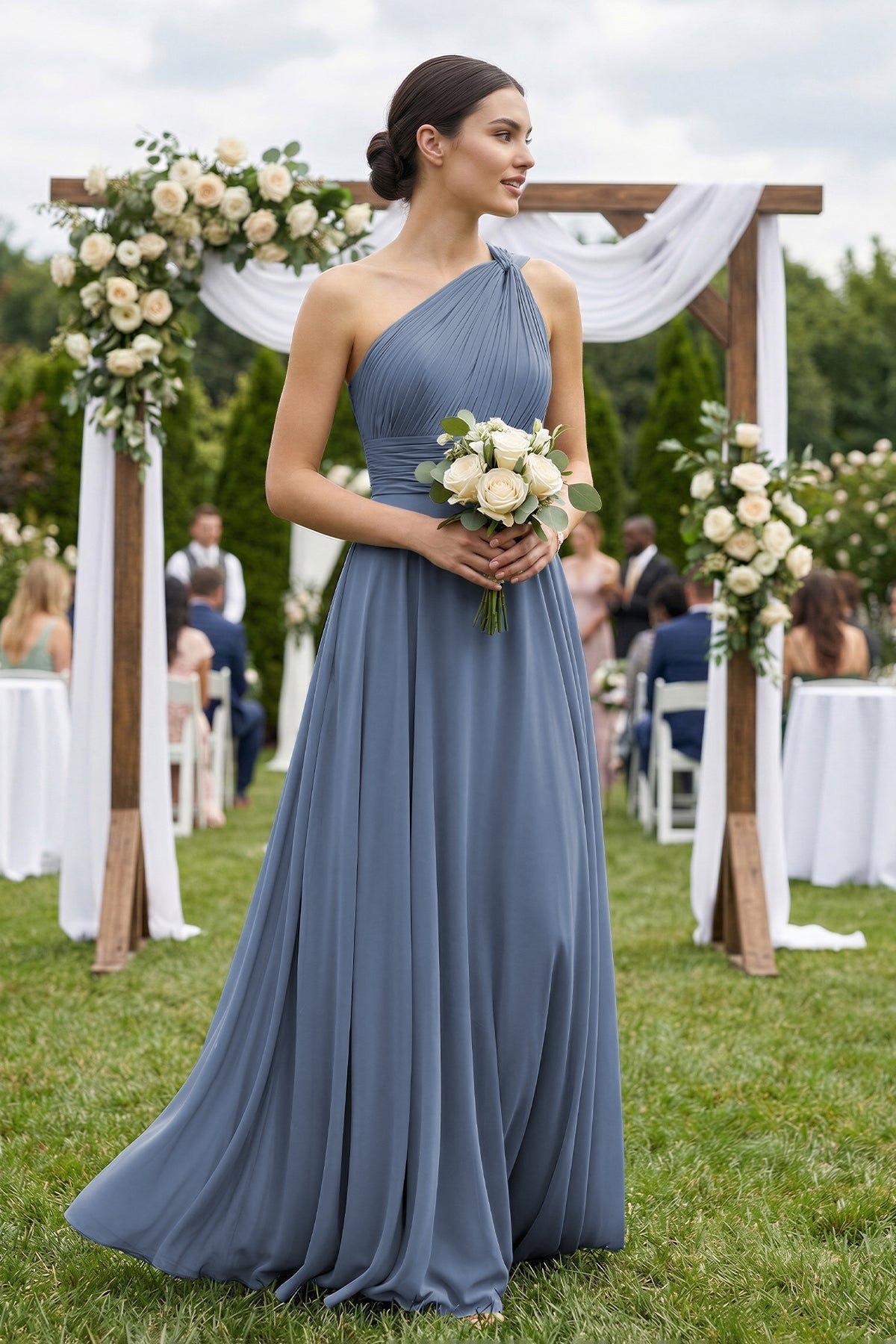 One-Shoulder A-Line Pleated Chiffon Bridesmaid Dress in Neptune - Curvevia