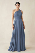 One-Shoulder A-Line Pleated Chiffon Bridesmaid Dress in Neptune - Curvevia