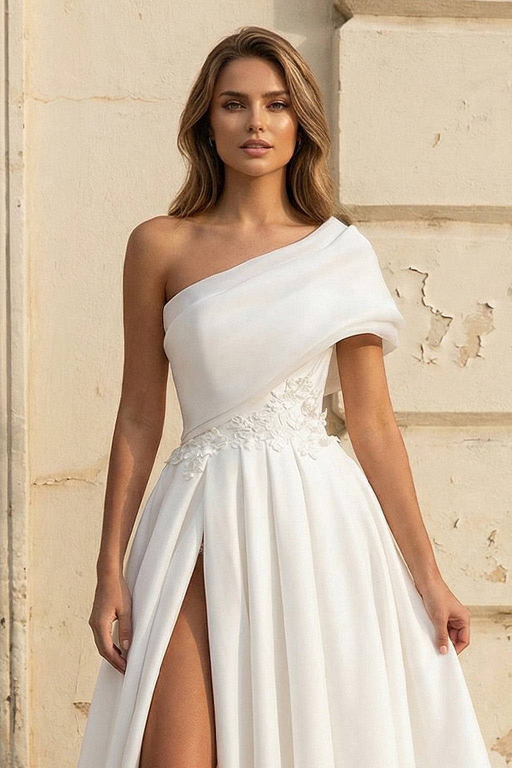A-Line One-Shoulder Organza Sweep Train Wedding Dress With Appliques Lace - Curvevia