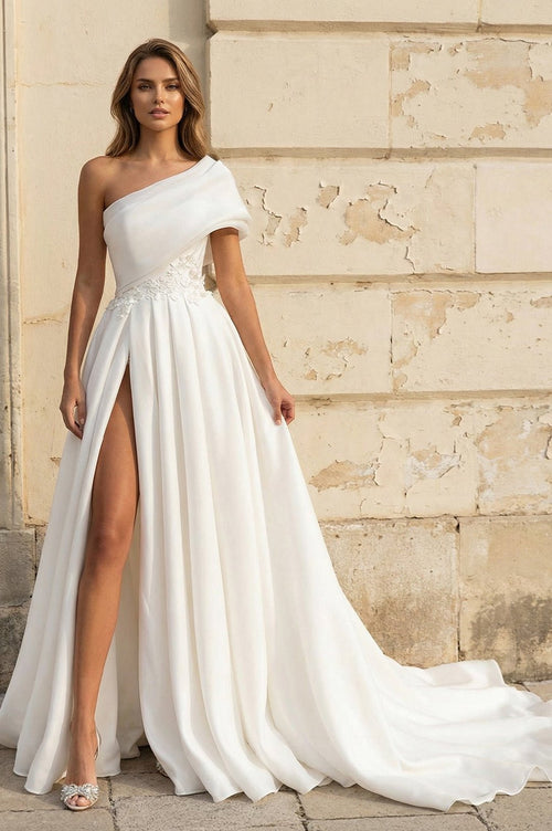 A-Line One-Shoulder Organza Sweep Train Wedding Dress With Appliques Lace - Curvevia