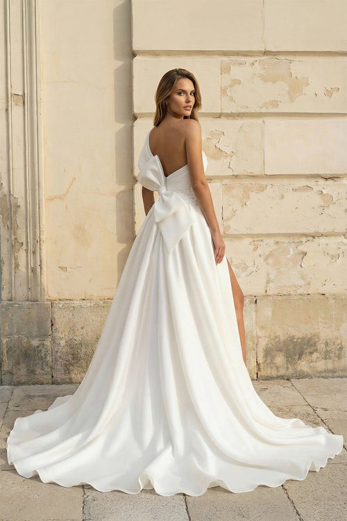 A-Line One-Shoulder Organza Sweep Train Wedding Dress With Appliques Lace - Curvevia