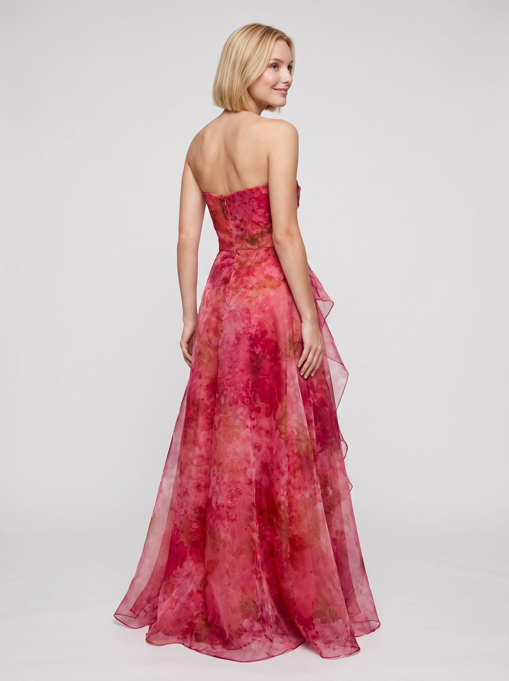 Pink Floral Tulle A-Line Straight Neck Back Zip Floor-Length Dress with Ruched Ruffles - Curvevia