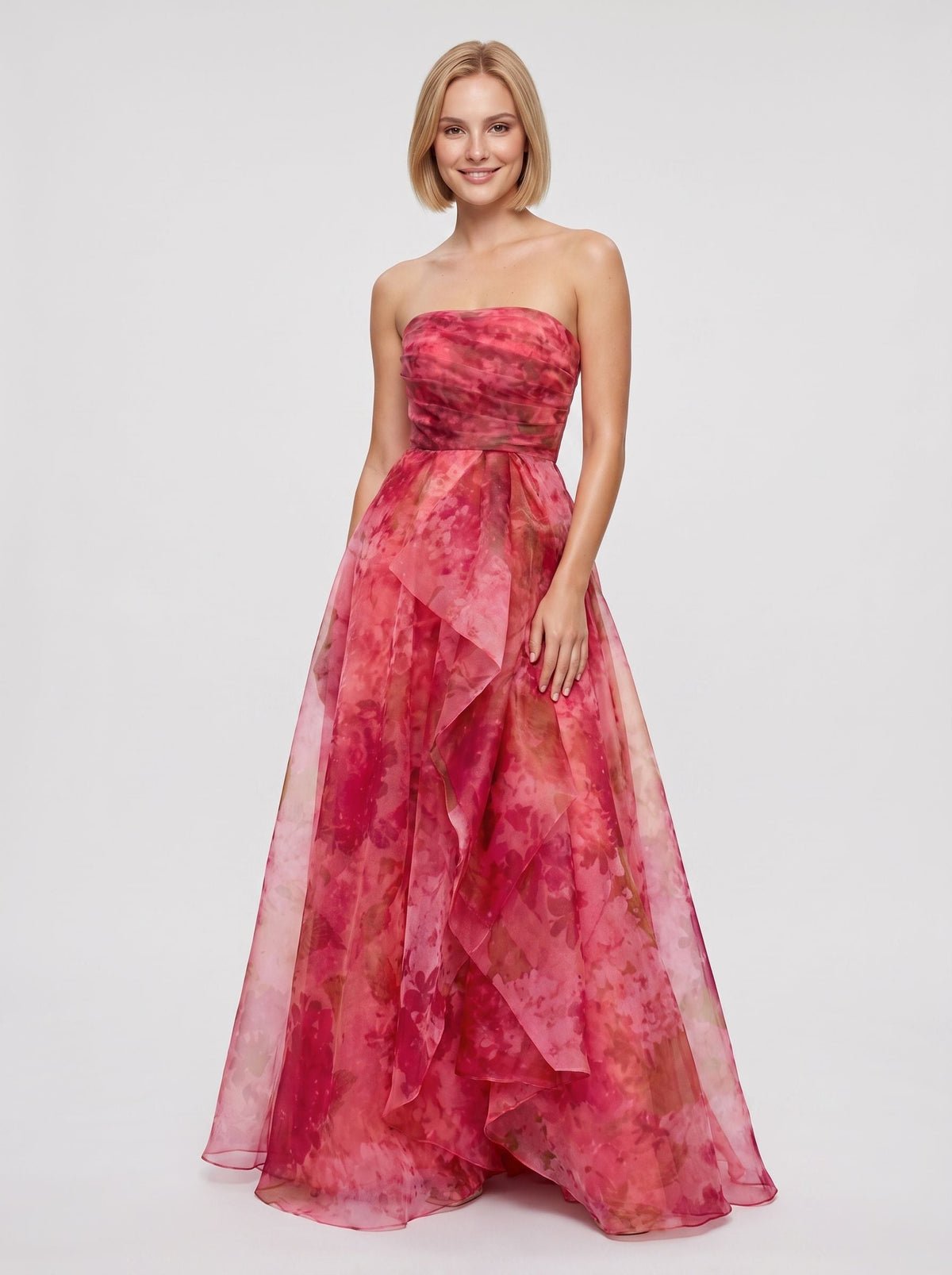 Pink Floral Tulle A-Line Straight Neck Back Zip Floor-Length Dress with Ruched Ruffles - Curvevia