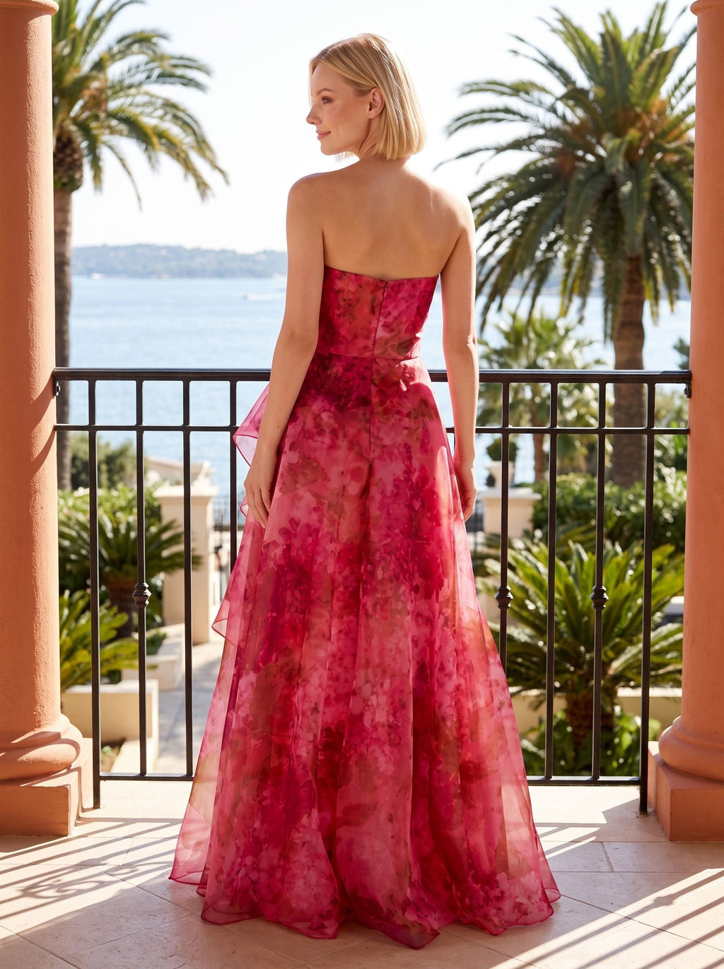 Pink Floral Tulle A-Line Straight Neck Back Zip Floor-Length Dress with Ruched Ruffles - Curvevia