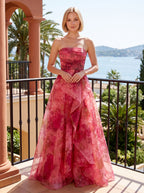Pink Floral Tulle A-Line Straight Neck Back Zip Floor-Length Dress with Ruched Ruffles - Curvevia