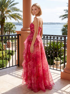 Pink Floral Tulle A-Line Straight Neck Back Zip Floor-Length Dress with Ruched Ruffles - Curvevia