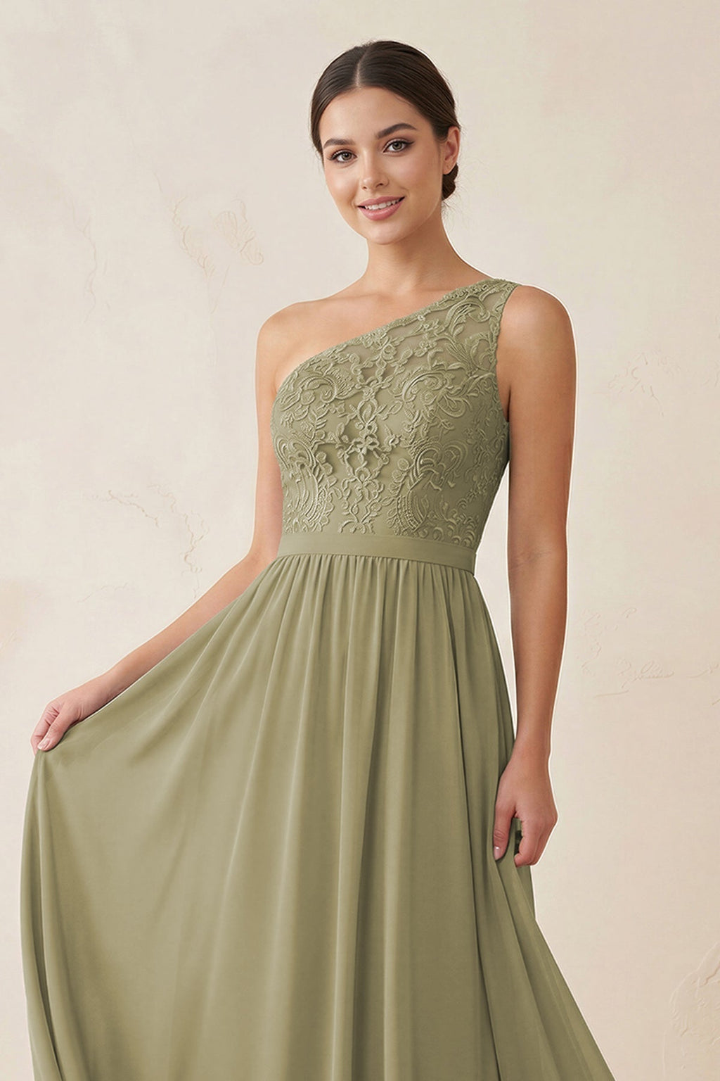 One-Shoulder Lace Chiffon A-Line Bridesmaid Dress in Thyme - Curvevia