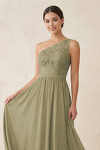 One-Shoulder Lace Chiffon A-Line Bridesmaid Dress in Thyme - Curvevia