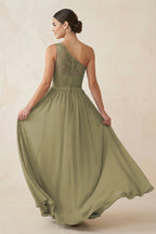 One-Shoulder Lace Chiffon A-Line Bridesmaid Dress in Thyme - Curvevia