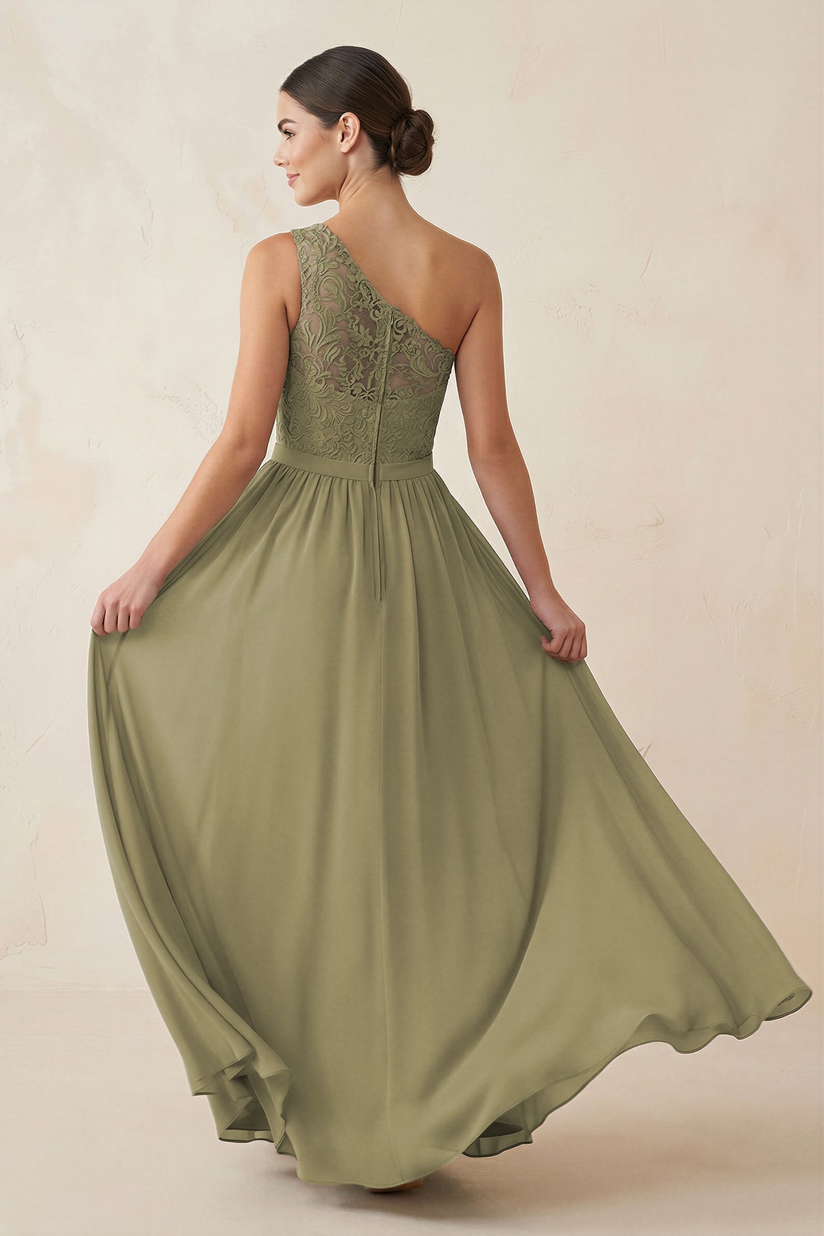 One-Shoulder Lace Chiffon A-Line Bridesmaid Dress in Thyme - Curvevia