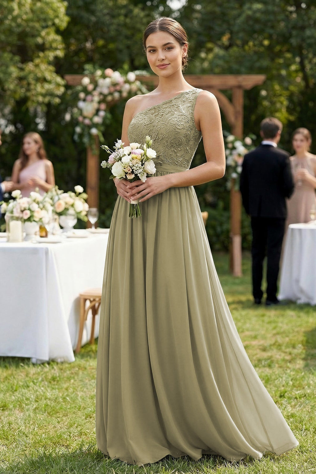 One-Shoulder Lace Chiffon A-Line Bridesmaid Dress in Thyme - Curvevia